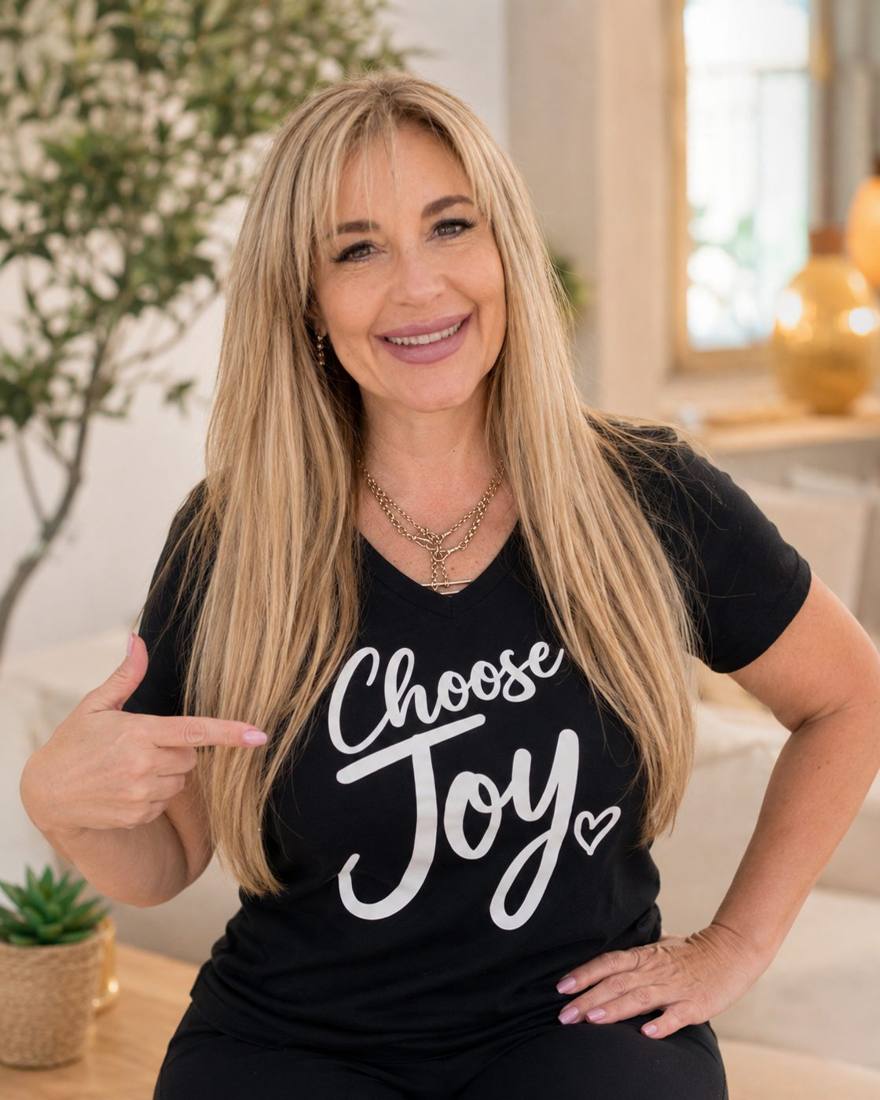Shareen in her Choose Joy shirt